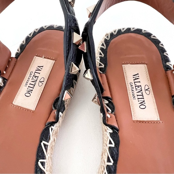 VALENTINO GARAVANI | Black Leather Rockstud Ankle Wrap Flat Espadrille Sandals 8 - Picture 7 of 13